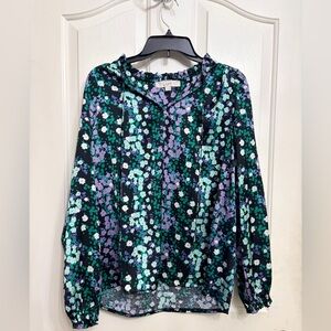 LOFT Black Floral V-Neck Long Sleeve Blouse - Mint, Lilac & White